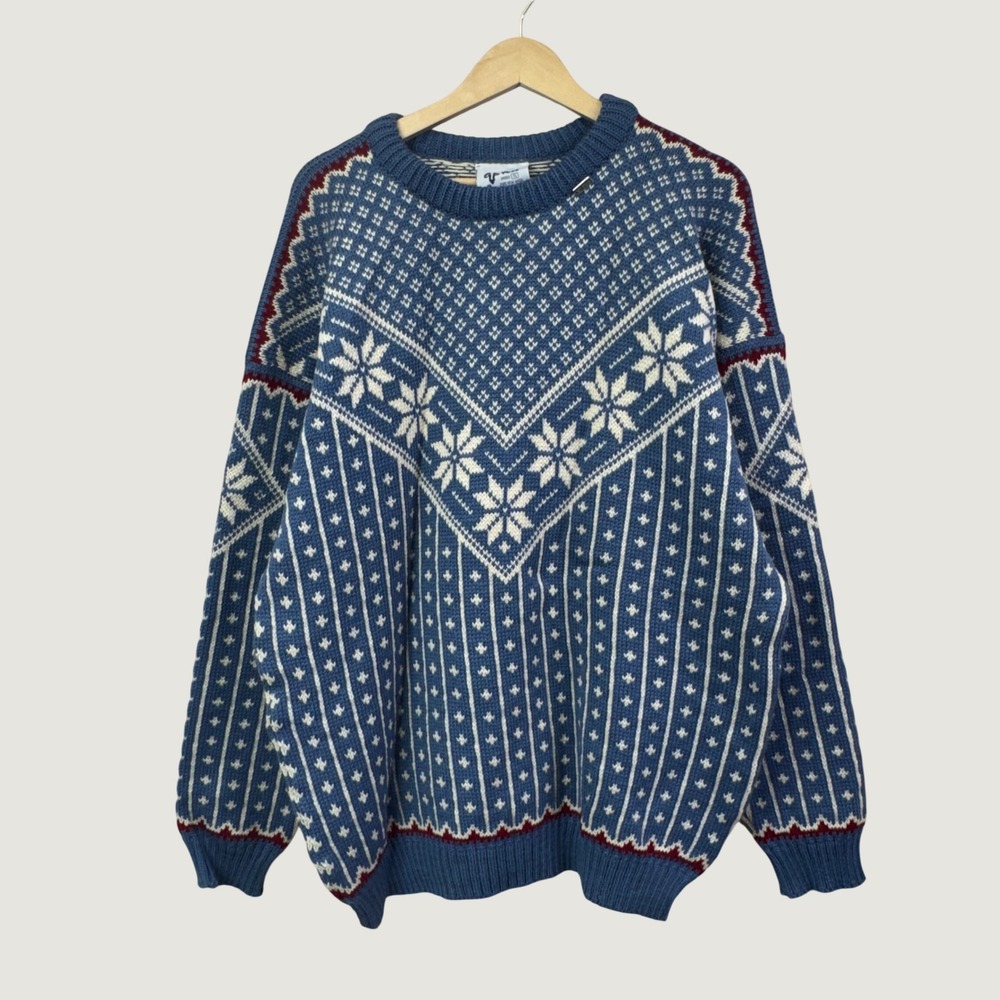 Voss Wool Sweater Mens XL Blue Nordic Fair Isle Snowflake Made in‎ Norway